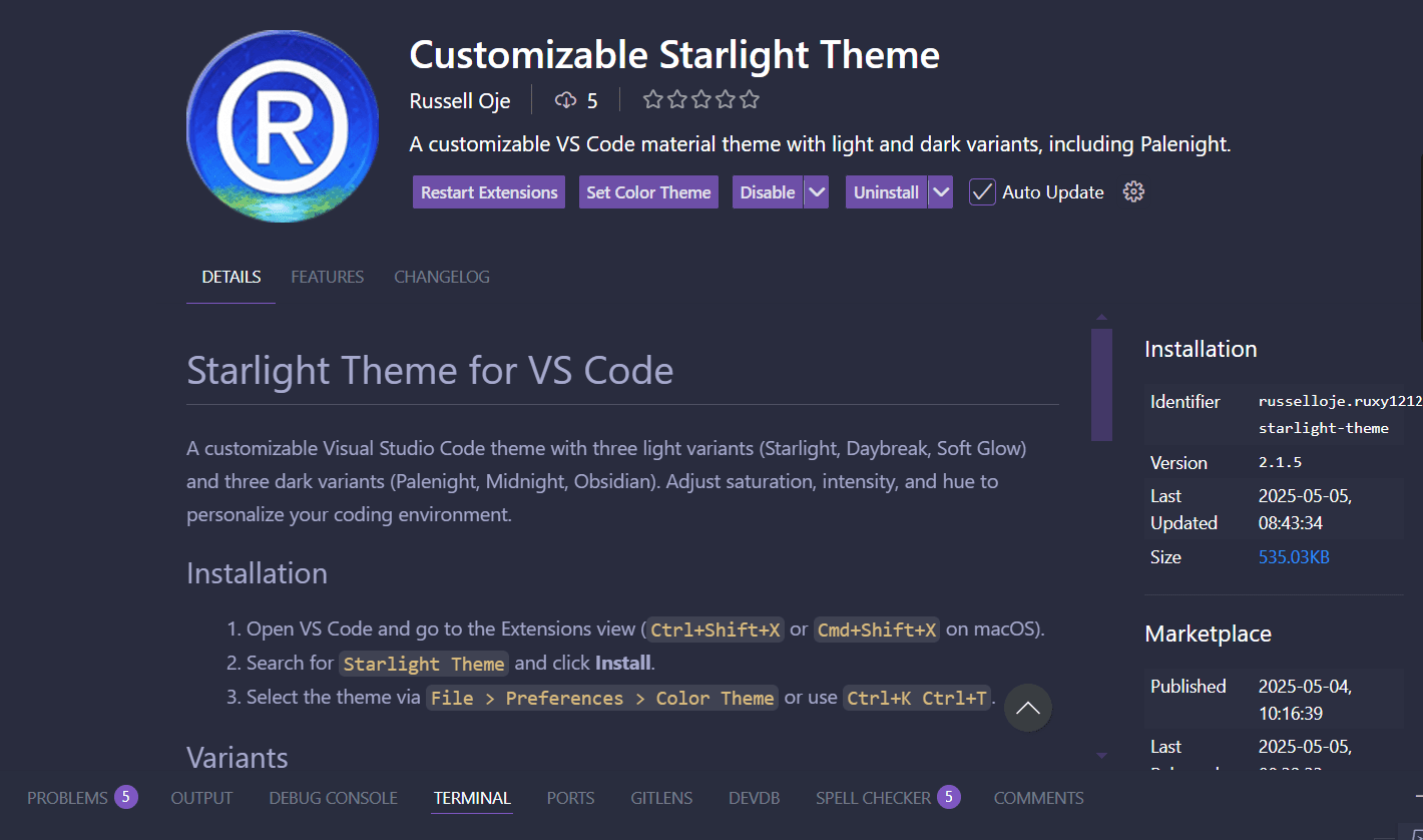 Starlight VSCode Theme